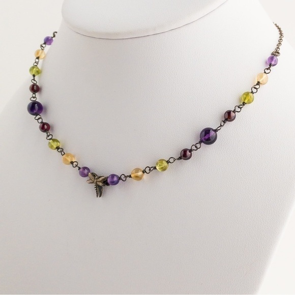 Sterling Silver Necklace Multicoloured Gemstones Dragonfly Charm Pendant Vintage - Picture 7 of 12